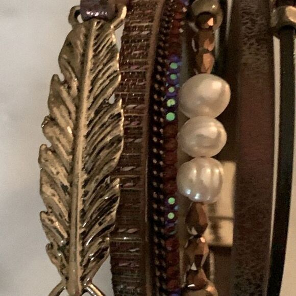 Seascape Serenity Brown Boho Cuff Bracelet - Real Cultured Pearls & Leaf Charm - Picture 4 of 6